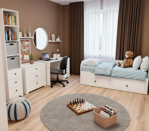 Комплект коллекции Норд: кровать + стол + стеллаж + комод