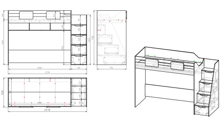 Комплект мебели: кровать-чердак Мозаика-2 + стол Умка + комод Умка  от Династия Kids