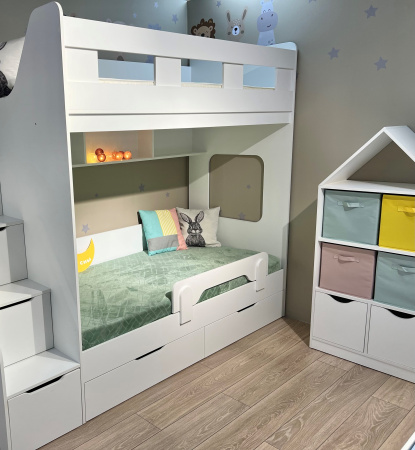 Кровать 3-х ярусная Квартет (корпус белый + фасады велюр)