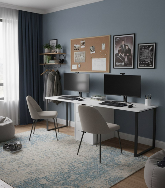 Стол Дуэт 2200 мм (белый + опоры черные). Столешница 22 мм