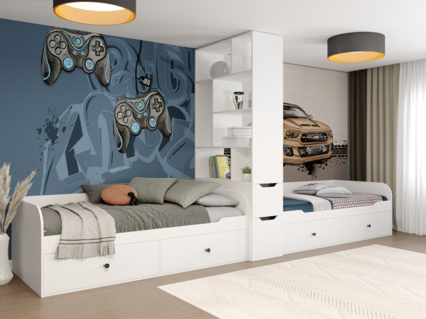 Комплект Норд для 2 детей с зонированием: кровати 190х90 + стеллаж от Династия Kids