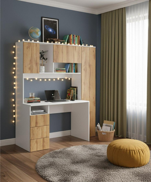 Стол Кабинет 1550 мм (корпус белый + фасады дуб золотистый). Левый/правый