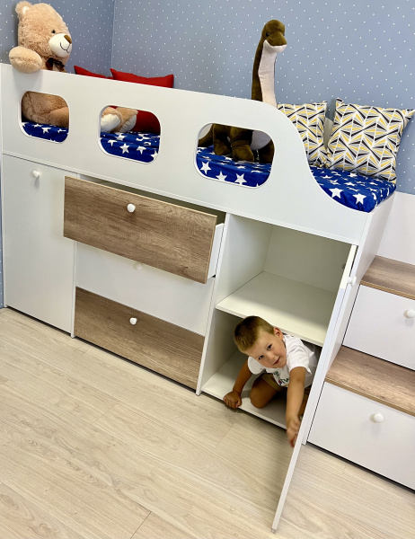 Кровать-чердак Хэппи 180х80 (дуб каньон+белый)  от Династия Kids