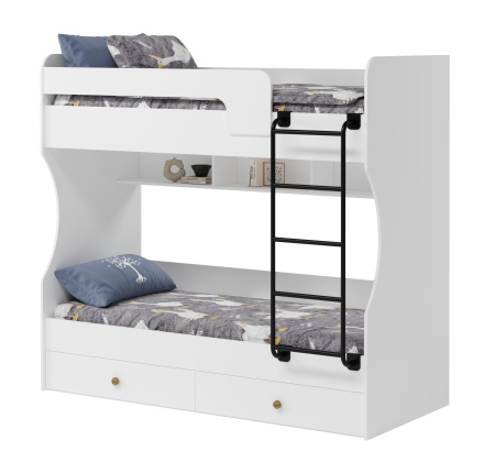 Кровать 2-х ярусная Омега с бортиком (цвет белый + лестница черная). Со съемным нижним бортиком от Династия Kids