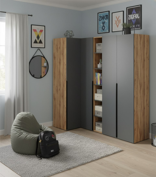 Распашной шкаф + стеллаж переходной + угловой шкаф + пенал коллекции Брайт Графит