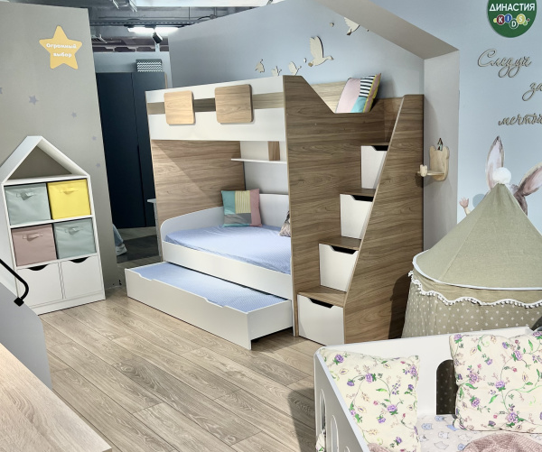 Кровать-чердак Мозаика + кровать Двушка (цвет белый) 190х90  от Династия Kids