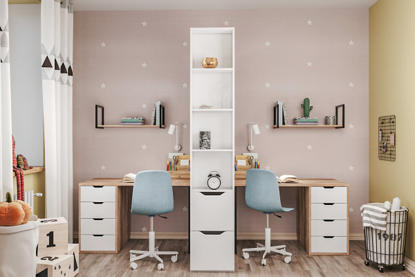 Комплект для 2 школьников (столы Соло + стеллаж для зонирования + полки) 